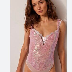 Free People Sparks Fly Pink Sequin Bodysuit NWT Size XS